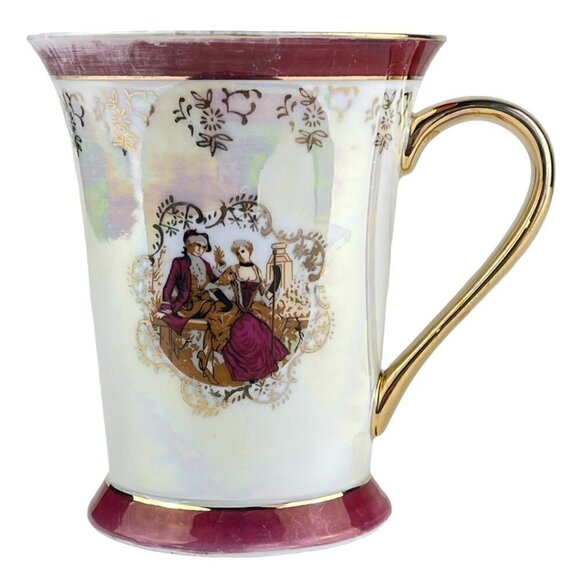 GNA Fine Porcelain Coffee Tea Cup Couple Gold Burgundy White - Picture 2 of 10
